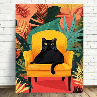 Beautiful Vibrant Black Cat & Yellow Chair 40x60cm Metal Print Ready to Hang - Bella Home Decor