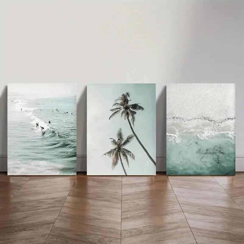 3pcs Palm Trees Perfect Beach Ocean Minimalism Wall Art Set Canvas Framed 50x70cm - High Quality Print 100% Australian Made Wall Canvas Ready to Hang - Bella Home Decor