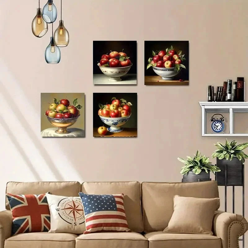 4pcs Apples, Blue & White Porcelain Bowls  Wall Art Canvas Framed