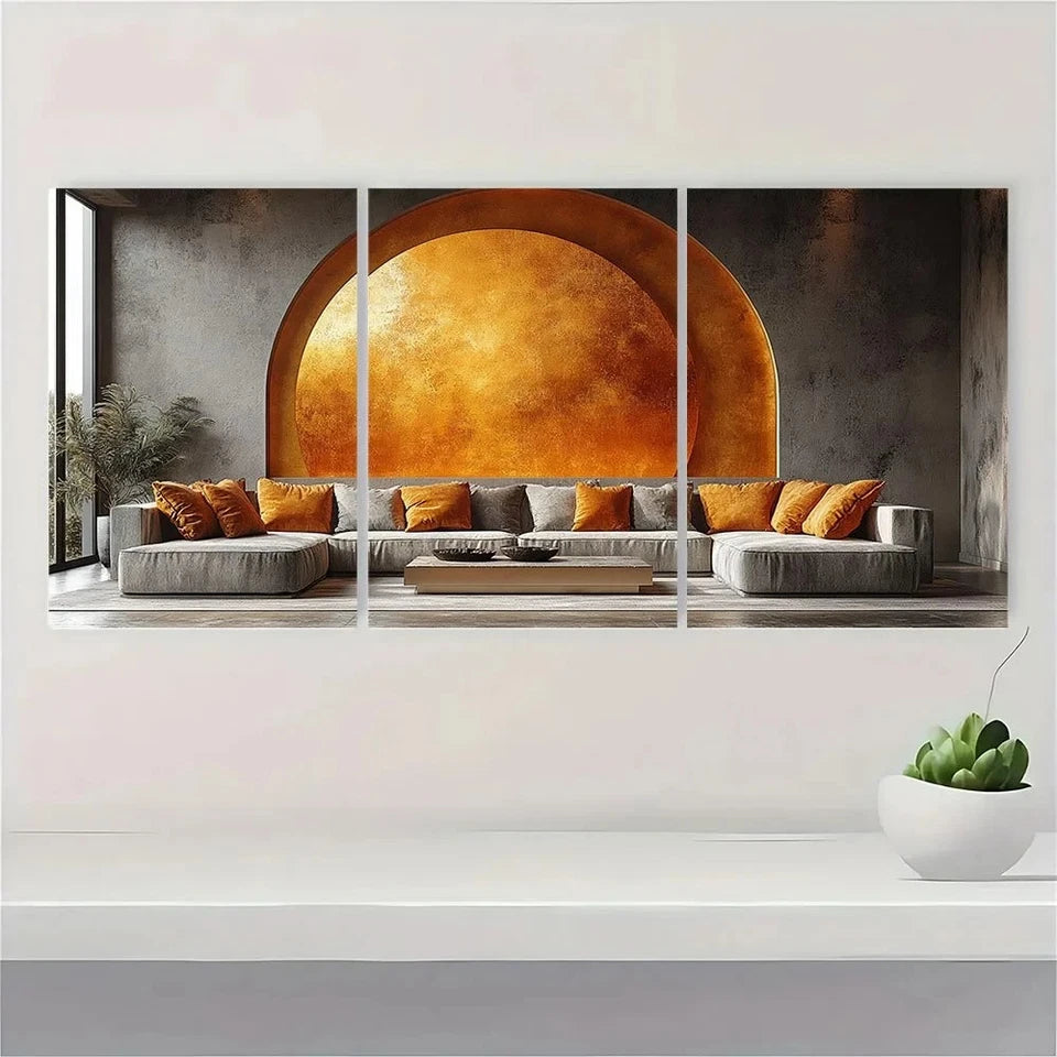 3pcs Golden Abstract Geometric Metal Print Ready to Hang Art