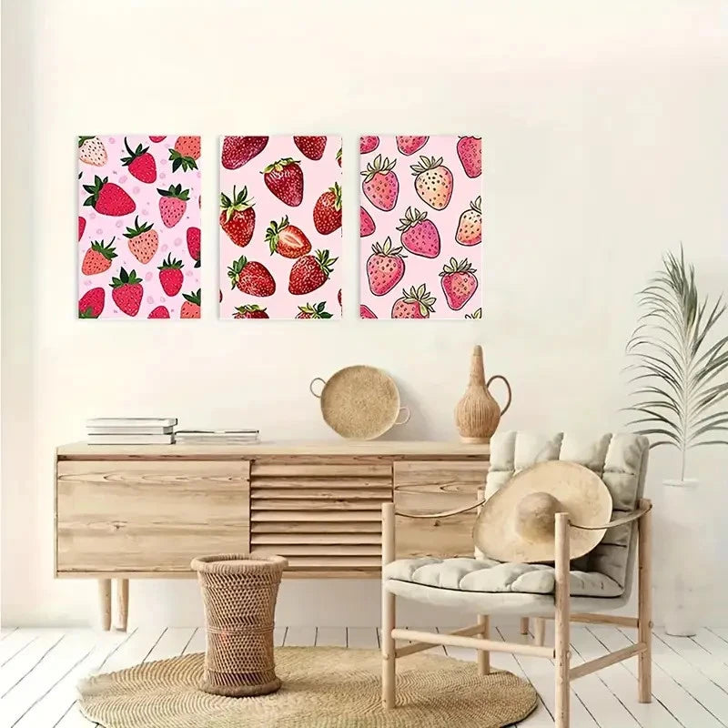3pcs Strawberry Themed Kitchen Dorm Wall Art Set Canvas Framed 50x70cm - High Quality Print 100% Australian Made Wall Canvas Ready to Hang - Bella Home Decor