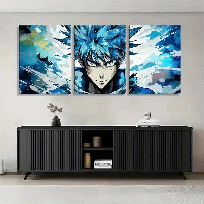 3pcs Anime Character Blue Haired Hero Perfect Wall Art Set Canvas Framed 40x60cm - High Quality Print 100% Australian Made Wall Canvas Ready to Hang