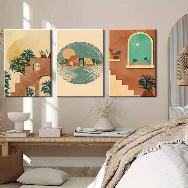 3pcs Palm Trees Arches & Moonlit Skies Metal Print Ready to Hang Art - Bella Home Decor