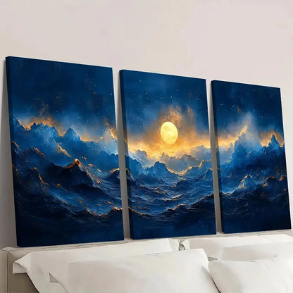 3pcs Blue & Golden Abstract Moon AM  Wall Art Set Canvas Framed 40x60cm - High Quality Print 100% Australian Made Wall Canvas Ready to Hang - Bella Home Decor