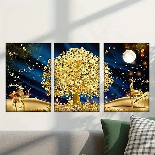 3pcs Golden Tree in Forest Scene with Deer Wall Art Canvas Unframed - High Quality Print 100% Australian Made Wall Canvas - Bella Home Decor