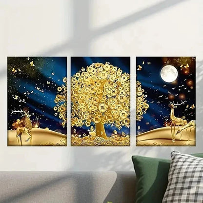 3pcs Golden Tree in Forest Scene with Deer Wall Art Canvas Unframed - High Quality Print 100% Australian Made Wall Canvas - Bella Home Decor