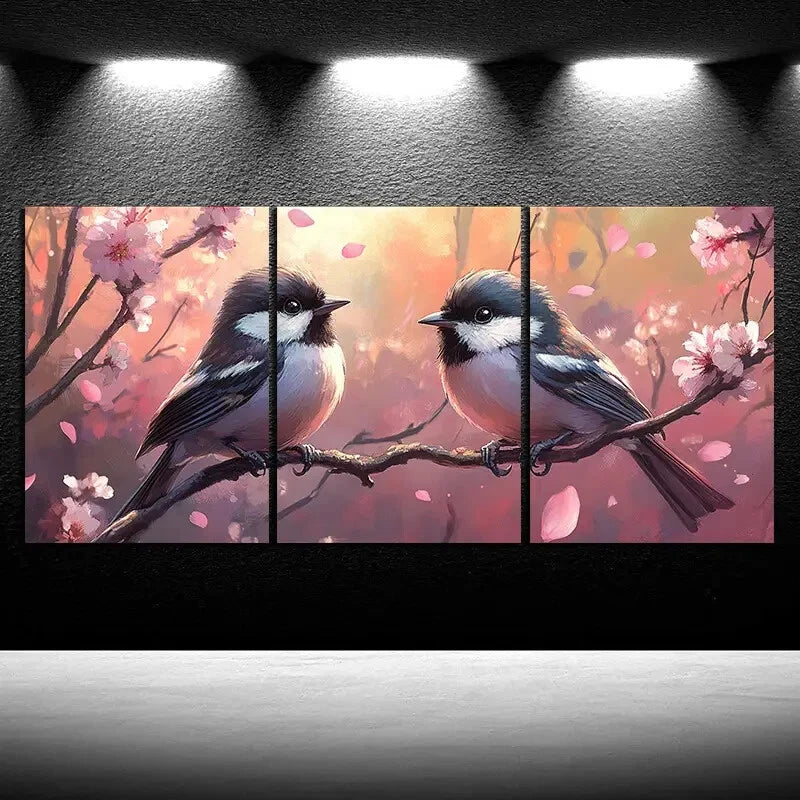 3pcs Birds On Branches Amidst Flowers Metal Print Ready to Hang Art - Bella Home Decor