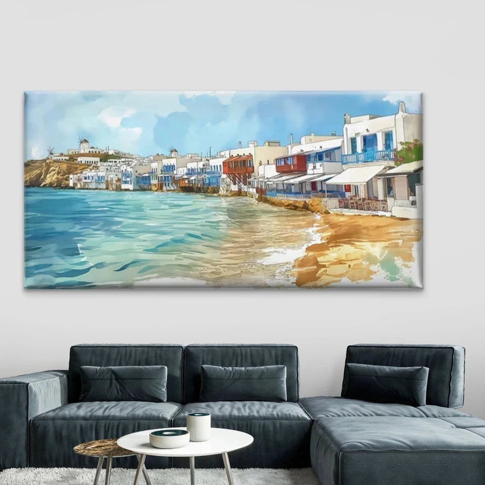 Greek Island-Inspired Seaside Wall Art Canvas Office Home Room Framed 120x60cm