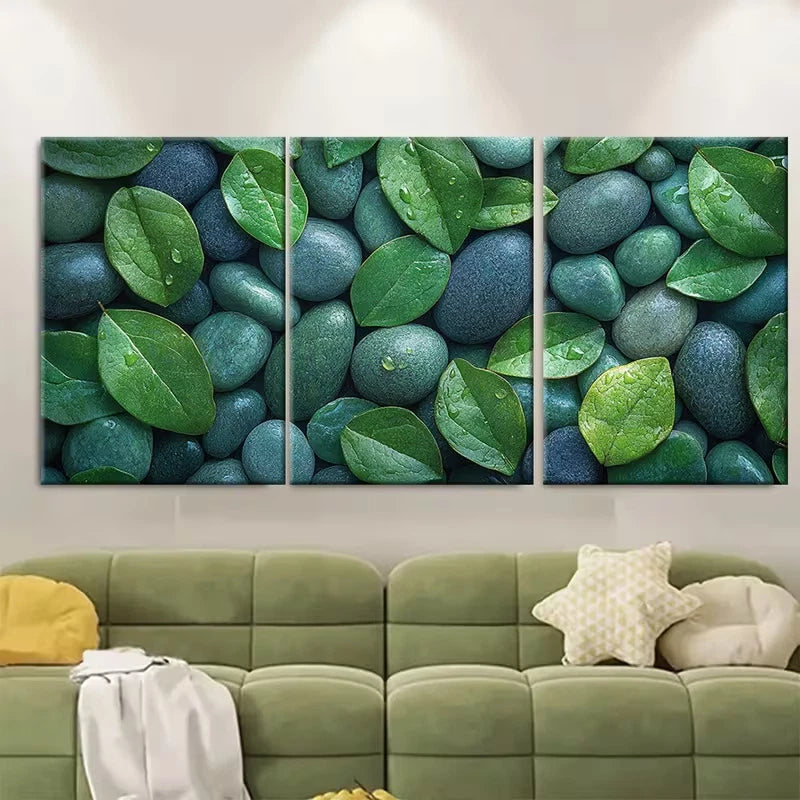 3pcs Zen Stones Green Leaves Metal Print Ready to Hang Art