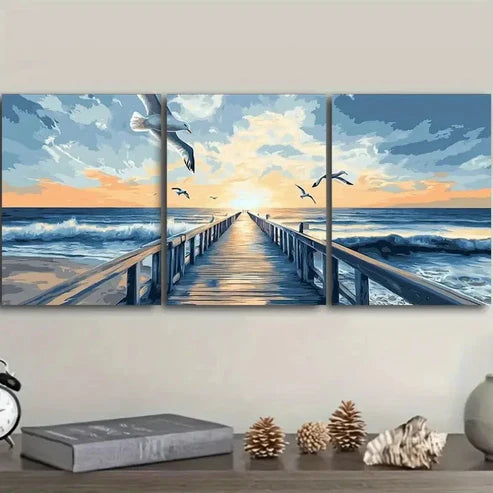 3pcs Seagulls Harbor Sunset Wall Art Set Canvas Unframed - High Quality Print 100% Australian Made Wall Canvas - Bella Home Decor