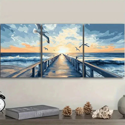 3pcs Seagulls Harbor Sunset Wall Art Set Canvas Unframed - High Quality Print 100% Australian Made Wall Canvas - Bella Home Decor