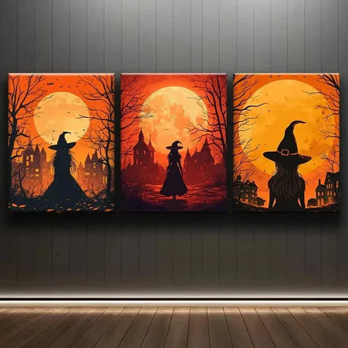 3pcs Witch at Sunset Moon Colorful Perfect Wall Art Set Canvas Unframed - High Quality Print 100% Australian Made Wall Canvas