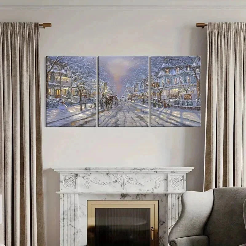 3pcs Snowy Town Scene with Horse Drawn Carriage Wall Art Set Canvas Framed 60x90cm - High Quality Print 100% Australian Made Wall Canvas Ready to Hang - Bella Home Decor