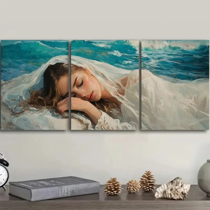 3pcs She has her head down Wall Art Set Canvas Framed 60x90cm - High Quality Print 100% Australian Made Wall Canvas Ready to Hang