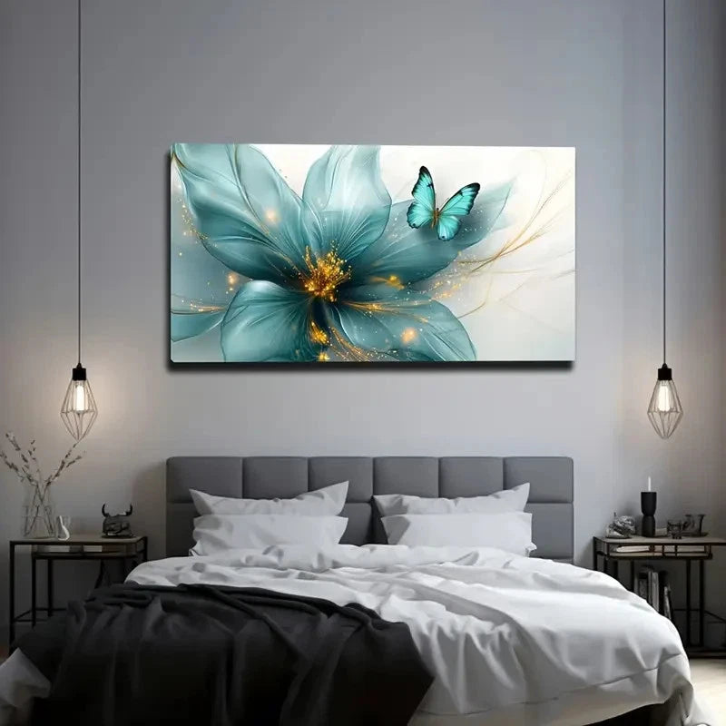 Blue Butterfly & Floral Design Wall Art Canvas Office Home Room Framed 120x60cm
