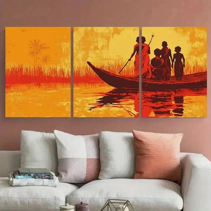 3pcs Traditional Boat Scene Palm Tree Wall Art Set Canvas Framed 60x90cm - High Quality Print 100% Australian Made Wall Canvas Ready to Hang