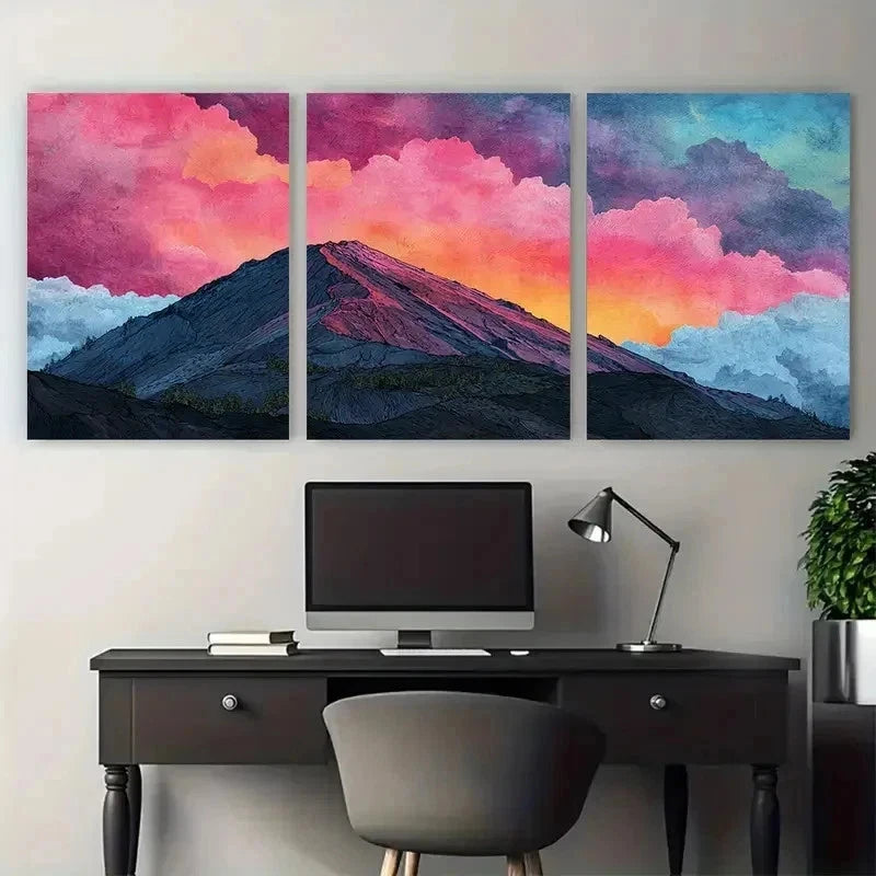 3pcs Illustrated Volcano & Sunrise Perfect Wall Art Set Canvas Framed 50x70cm - High Quality Print 100% Australian Made Wall Canvas Ready to Hang