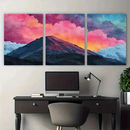 3pcs Illustrated Volcano & Sunrise Perfect Wall Art Set Canvas Framed 50x70cm - High Quality Print 100% Australian Made Wall Canvas Ready to Hang