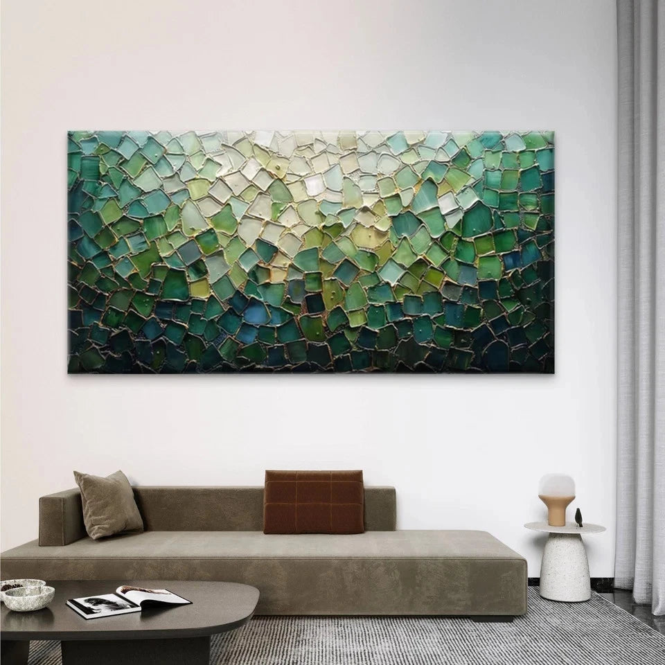 Abstract Green Mosaic Wall Art Canvas Office Home Room Framed 120x60cm