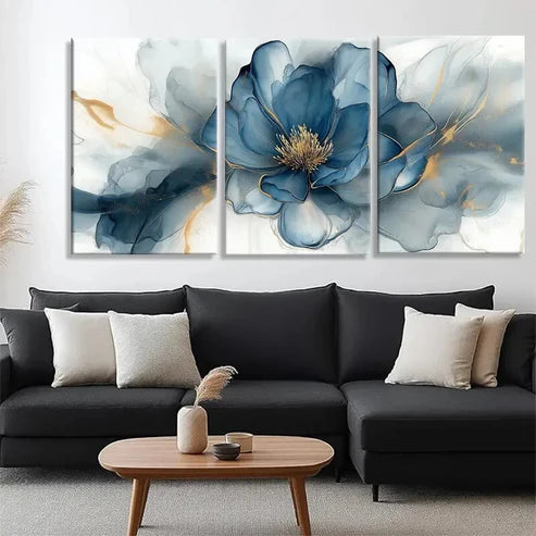 3pcs Elegant Blue Golden Peony Flower Perfect Wall Art Canvas Unframed - High Quality Print 100% Australian Made Wall Canvas