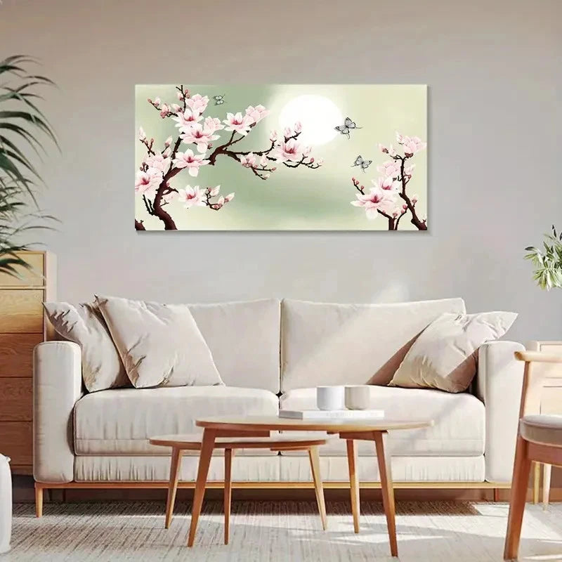 Moonlight Butterfly & Magnolia Wall Art Canvas Office Home Room Framed 120x60cm - Bella Home Decor