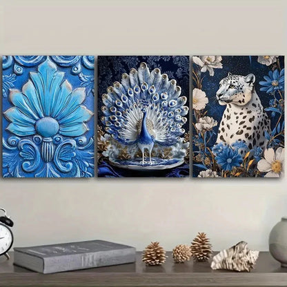 3pcs Elegant Blue Peacock And White Leopard Wall Art Set Canvas Framed 60x90cm - High Quality Print 100% Australian Made Wall Canvas Ready to Hang - Bella Home Decor