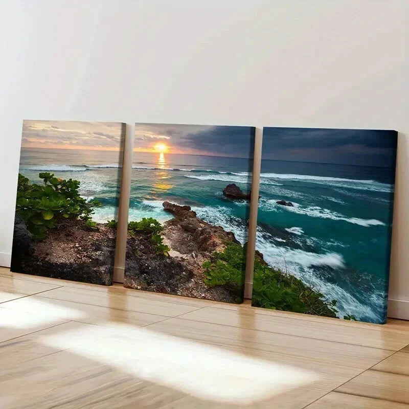 3pcs Sunset Coastline Ocean Waves & Rocky Shore Wall Art Set Canvas Framed 60x90cm - High Quality Print 100% Australian Made Wall Canvas Ready to Hang - Bella Home Decor