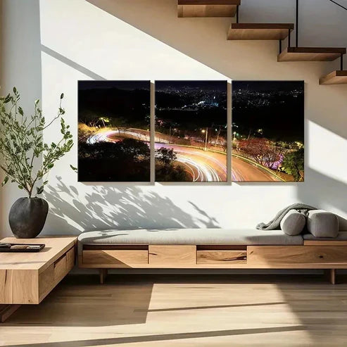 3pcs City Night View Roads Light Trails Wall Art Canvas Unframed - High Quality Print 100% Australian Made Wall Canvas - Bella Home Decor