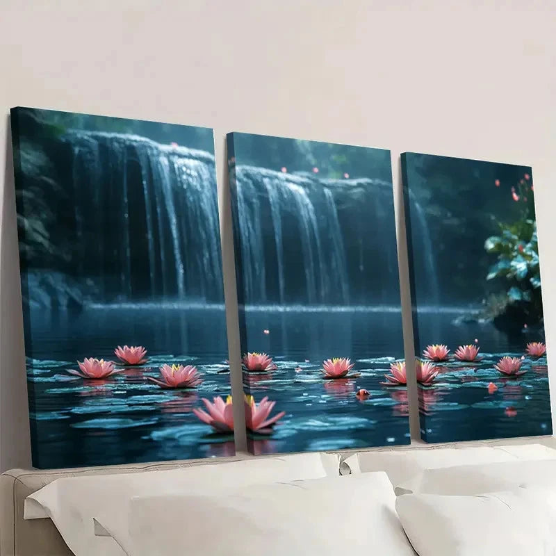 3pcs Magical Pond with Waterfall and Lily ML   Wall Art Set Canvas Framed 40x60cm - High Quality Print 100% Australian Made Wall Canvas Ready to Hang