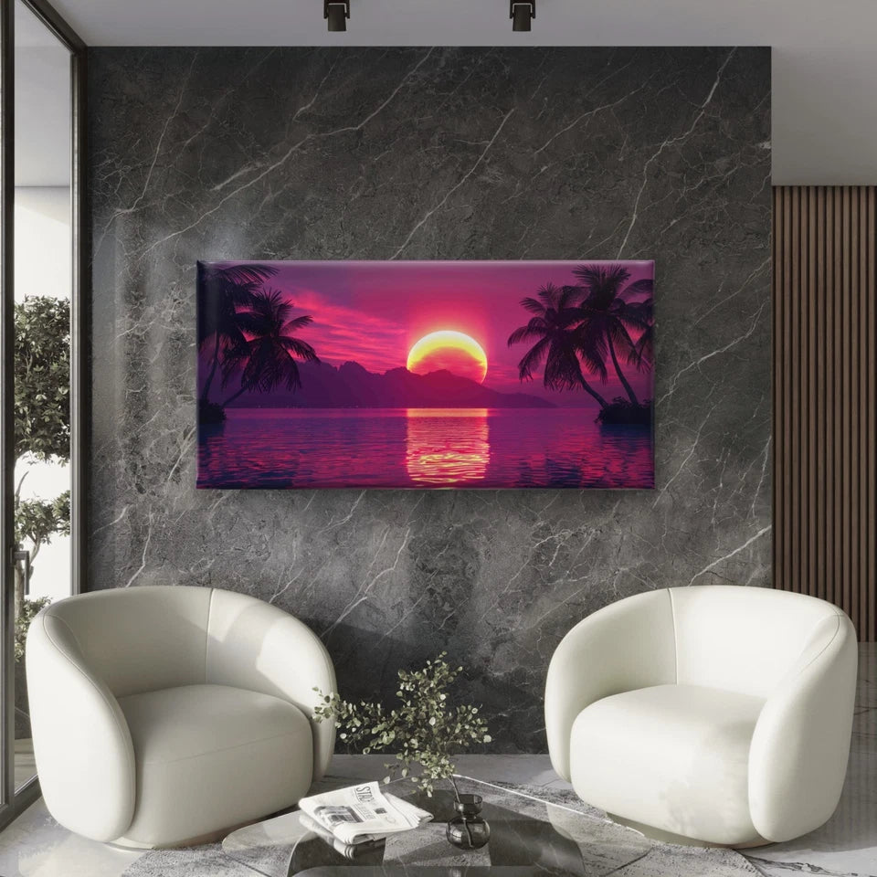 Sunset Water With Two Palm Tree Wall Art Canvas Office Home Room Framed 120x60cm