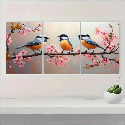 3pcs Three Chickadee Birds on a Cherry CB Wall Art Set Canvas Unframed - High Quality Print 100% Australian Made Wall Canvas