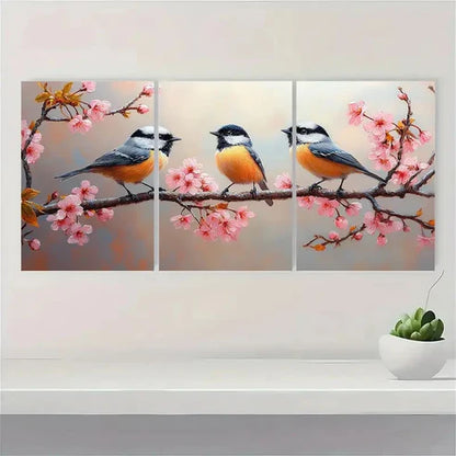 3pcs Three Chickadee Birds on a Cherry CB Wall Art Set Canvas Unframed - High Quality Print 100% Australian Made Wall Canvas