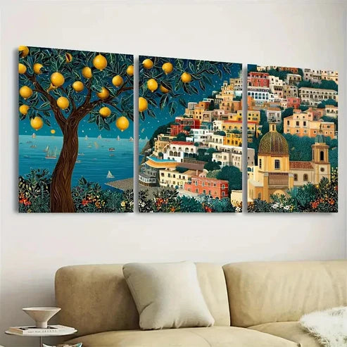 3pcs Positano Lemon Tree Amalfi Coast Art Italy Wall Art Canvas Unframed - High Quality Print 100% Australian Made Wall Canvas
