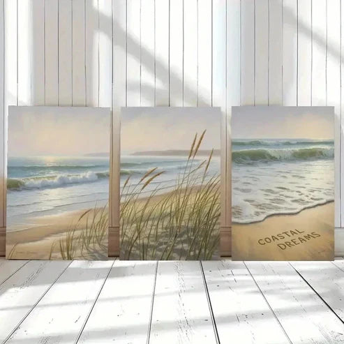 3pcs Beach Waves & Pampas Grass Wall Art Set Canvas Unframed - High Quality Print 100% Australian Made Wall Canvas - Bella Home Decor
