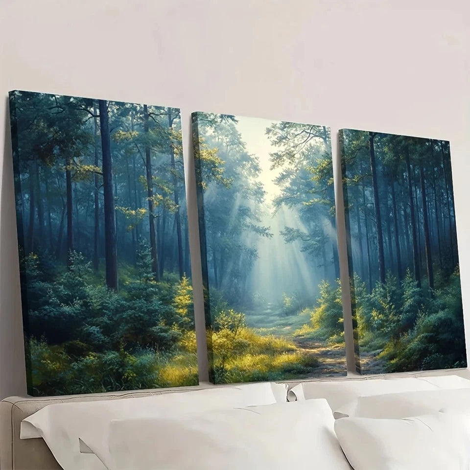 3pcs Foggy Forest Sunlight Filtering Trees Wall Art Set Canvas Framed 60x90cm - High Quality Print 100% Australian Made Wall Canvas Ready to Hang - Bella Home Decor