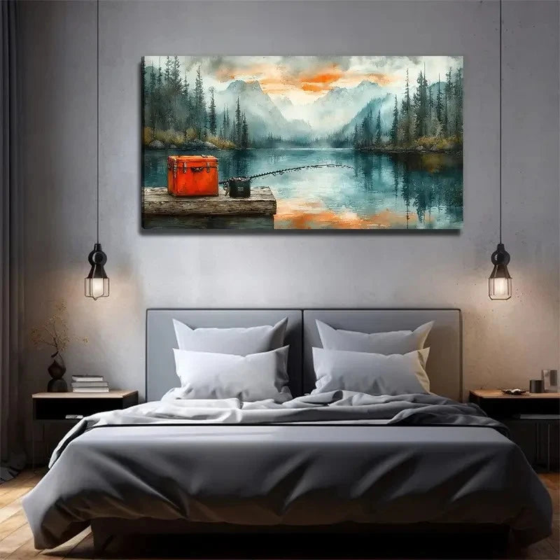 Lake Fishing Aesthetic Wall Art Canvas Office Home Room Framed 120x60cm