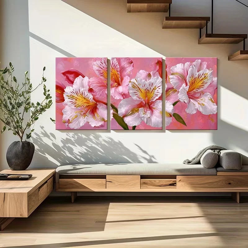 3pcs Lily of the Incas Pink White Flower  Wall Art Set Canvas Framed 50x70cm - High Quality Print 100% Australian Made Wall Canvas Ready to Hang
