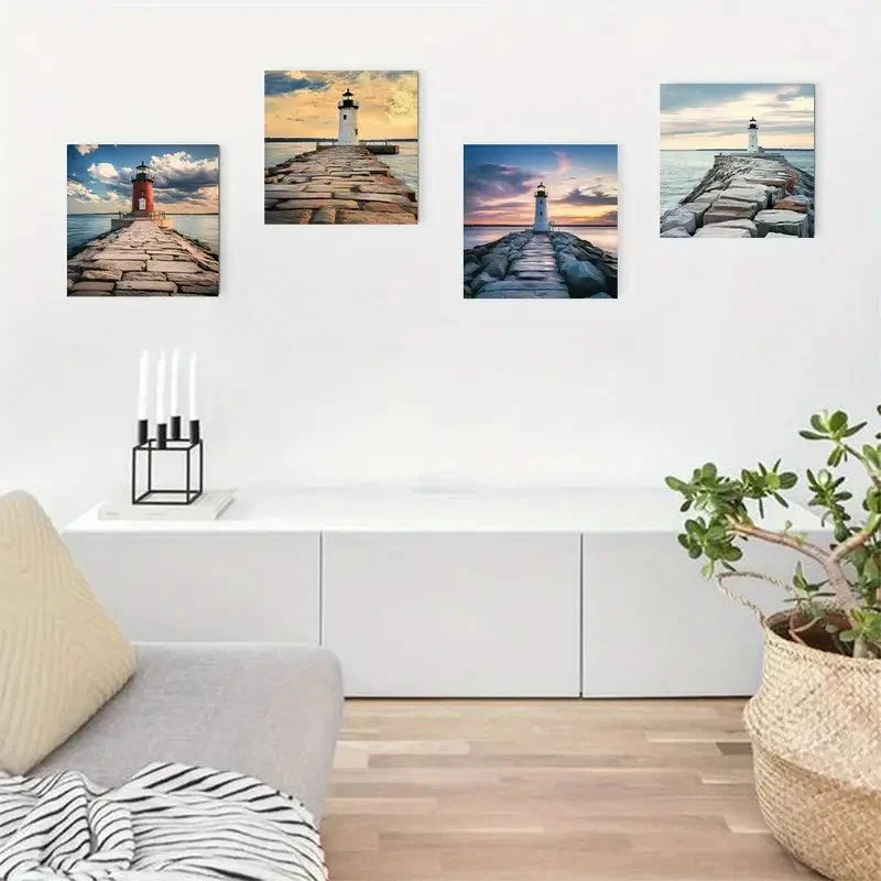 4pcs Charming Lighthouse By The Sea Morning Scen Wall Art Canvas Framed