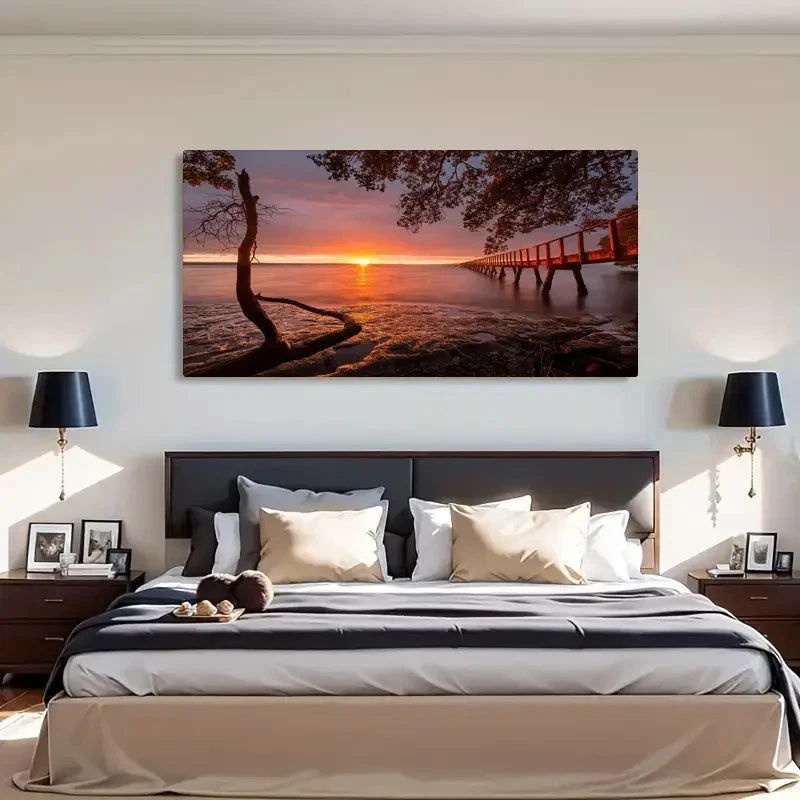 Coastal Landscape Sunset Retro Wall Art Canvas Office Home Room Framed 120x60cm
