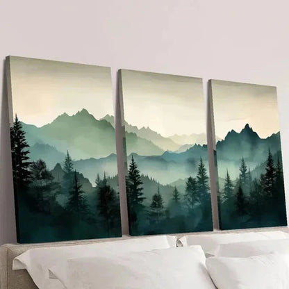 3pcs Foggy Mountains and Forest Landscape Wall Art Set Canvas Unframed - High Quality Print 100% Australian Made Wall Canvas - Bella Home Decor