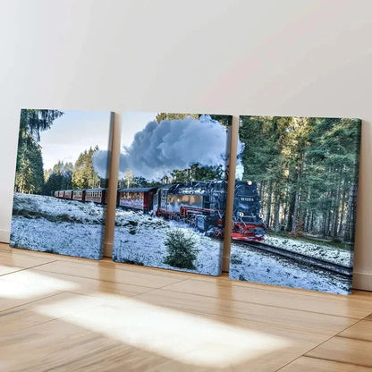 3pcs Snowy Forest & Steam Train Landscape Wall Art Set Canvas Framed 50x70cm - High Quality Print 100% Australian Made Wall Canvas Ready to Hang