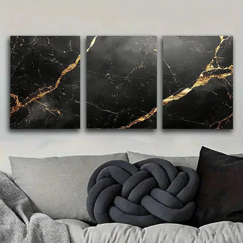 3pcs Black and Golden Marble  Wall Art Set Canvas Unframed - High Quality Print 100% Australian Made Wall Canvas - Bella Home Decor
