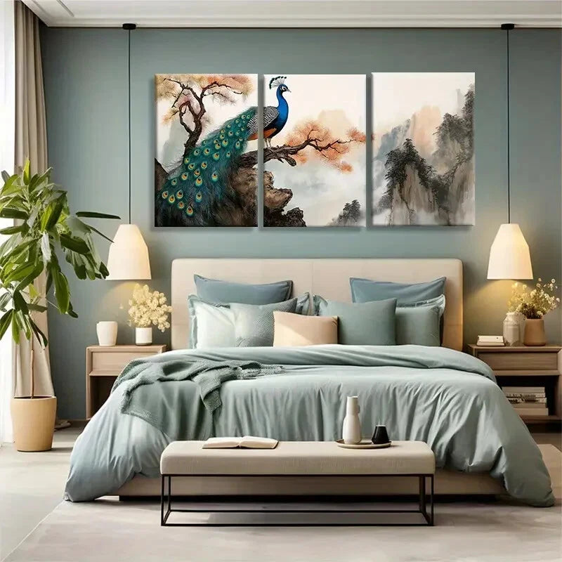 3pcs Elegant Oriental Bird and Nature Metal Print Ready to Hang Art - Bella Home Decor
