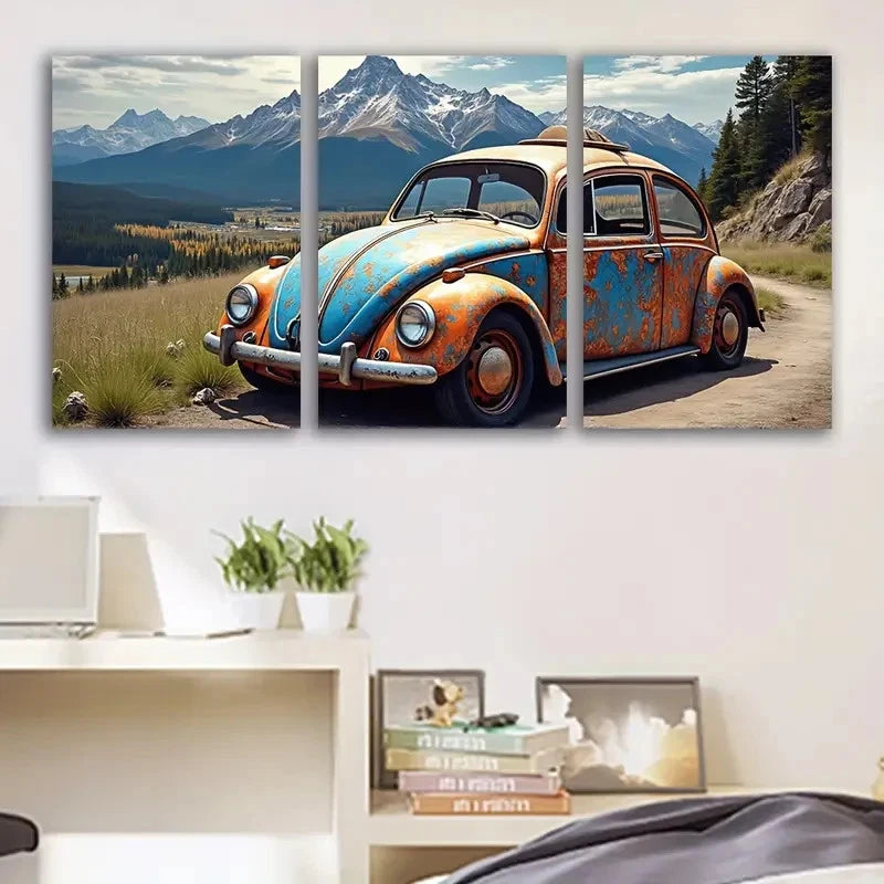 3pcs Vintage Car Countryside Landscape Scene Wall Art Set Canvas Framed 40x60cm - High Quality Print 100% Australian Made Wall Canvas Ready to Hang