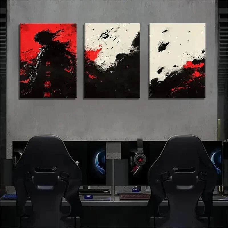 3pcs Samurai Warrior Japanese Dark Red Perfect Wall Art Set Canvas Framed 60x90cm - High Quality Print 100% Australian Made Wall Canvas Ready to Hang