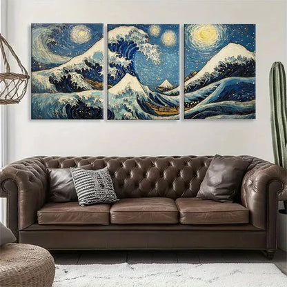 3pcs Van Gogh Inspired Mountain and Wave Perfect Wall Art Set Canvas Unframed - High Quality Print 100% Australian Made Wall Canvas
