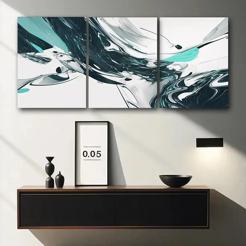 3pcs Abstract Wave Pattern Black White Teal Green Metal Print Ready to Hang Art - Bella Home Decor