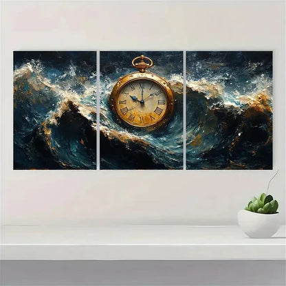 3pcs Rising Seawater Antique Watch  Wall Art Canvas Unframed - High Quality Print 100% Australian Made Wall Canvas - Bella Home Decor