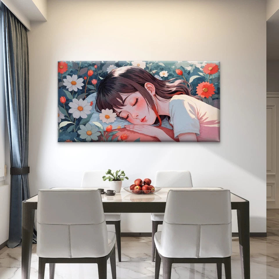 Dreaming Girl Lying On Flowers Wall Art Canvas Office Home Room Framed 120x60cm - Bella Home Decor