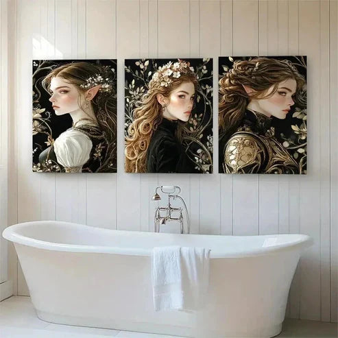 3pcs Enchanted Elven Golden Floral Women Perfect  Wall Art Set Canvas Unframed - High Quality Print 100% Australian Made Wall Canvas